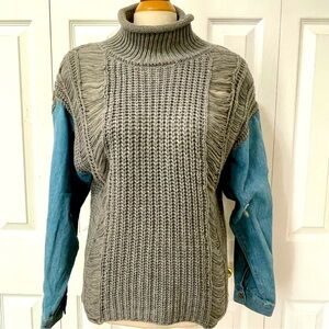 NWT Cool Attitude Gray Turtleneck, Distressed, Oversized Sweater, Blue Denim